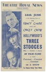 Dublins Theatre Royal News Playbill Advertising Hollywoods Three Stooges on Its Cover, for Their 26 June 1939 Debut Show -- 4pp. Including Covers Measures 5.5 x 8.75 Folded -- Very Good